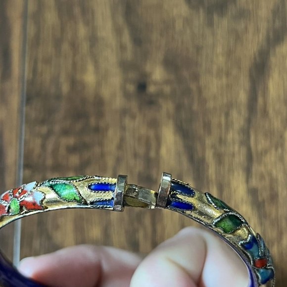 Vintage Cloisonné Blue Gold Floral Motif Enamel Hinged Bangle Bracelet - Picture 7 of 16